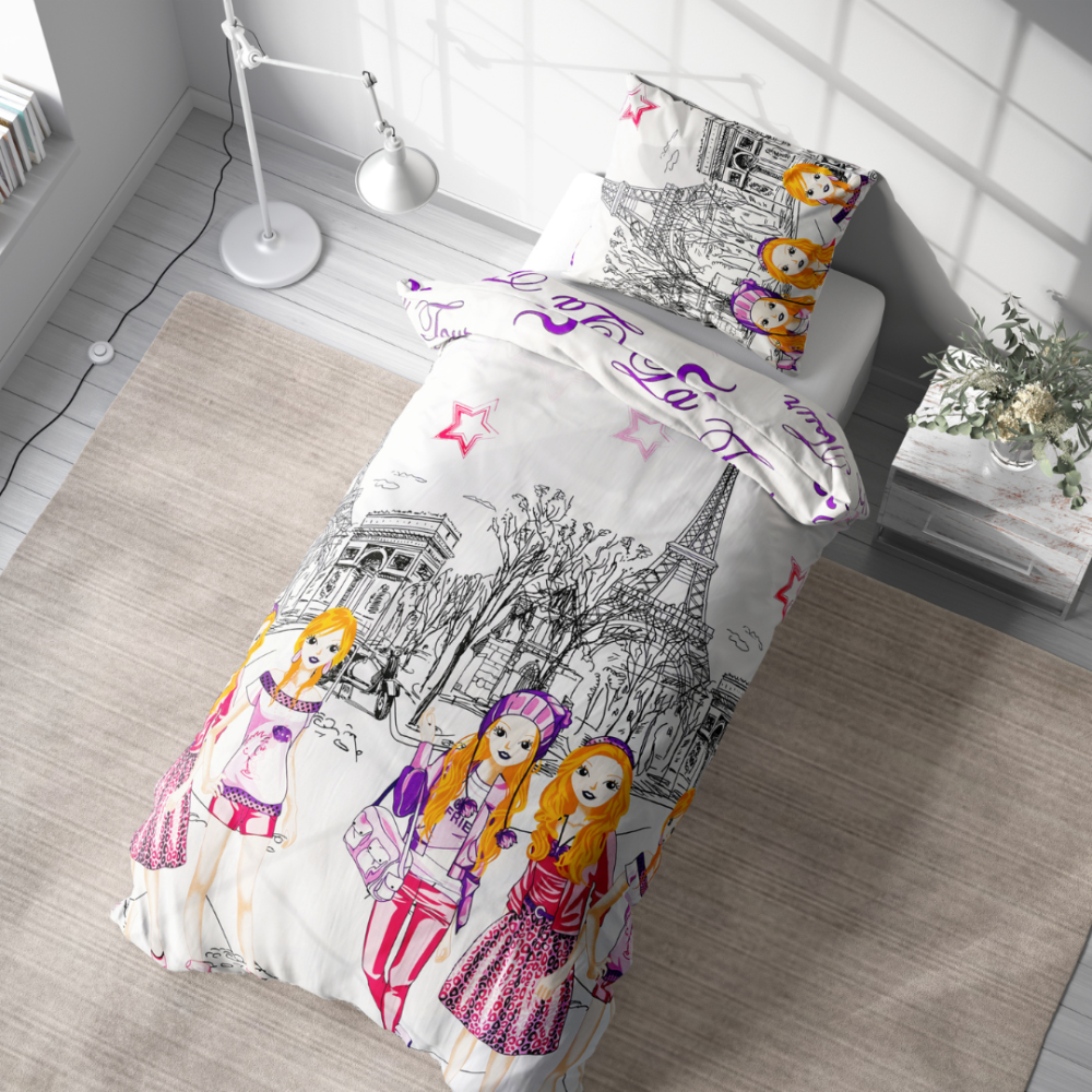 Lasten pussilakanasetti „Eiffel violet”. Lasten pussilakanasetti, 140x200 cm