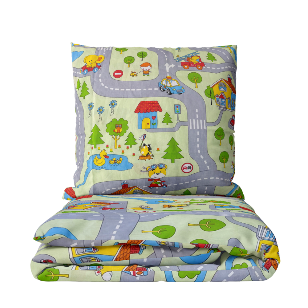 Lasten pussilakanasetti „Fun city”. Vauvan pussilakanasetti, 90x120 cm, 100x135 cm, 100x140 cm, 110x140 cm, 140x200 cm, 150x200 cm