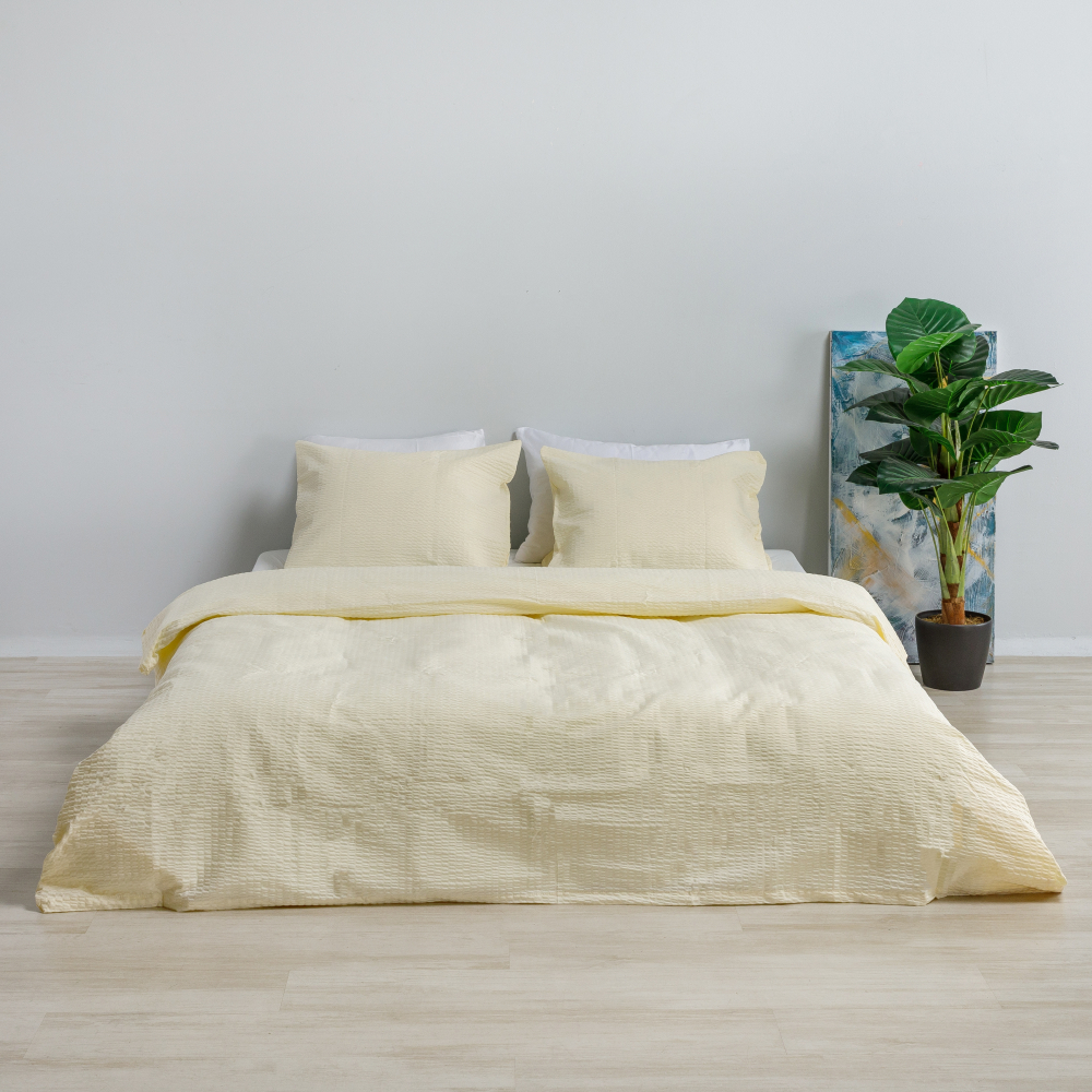 Pussilakanasetti „Kora Yellow“. Puuvilla pussilakanasetti, 140x200 cm, 200x200 cm, 200x220 cm, 220x240 cm