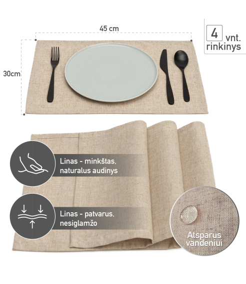 Stalo padėkliukai „Linen trombone“ 4vnt.. Pellavaliinat