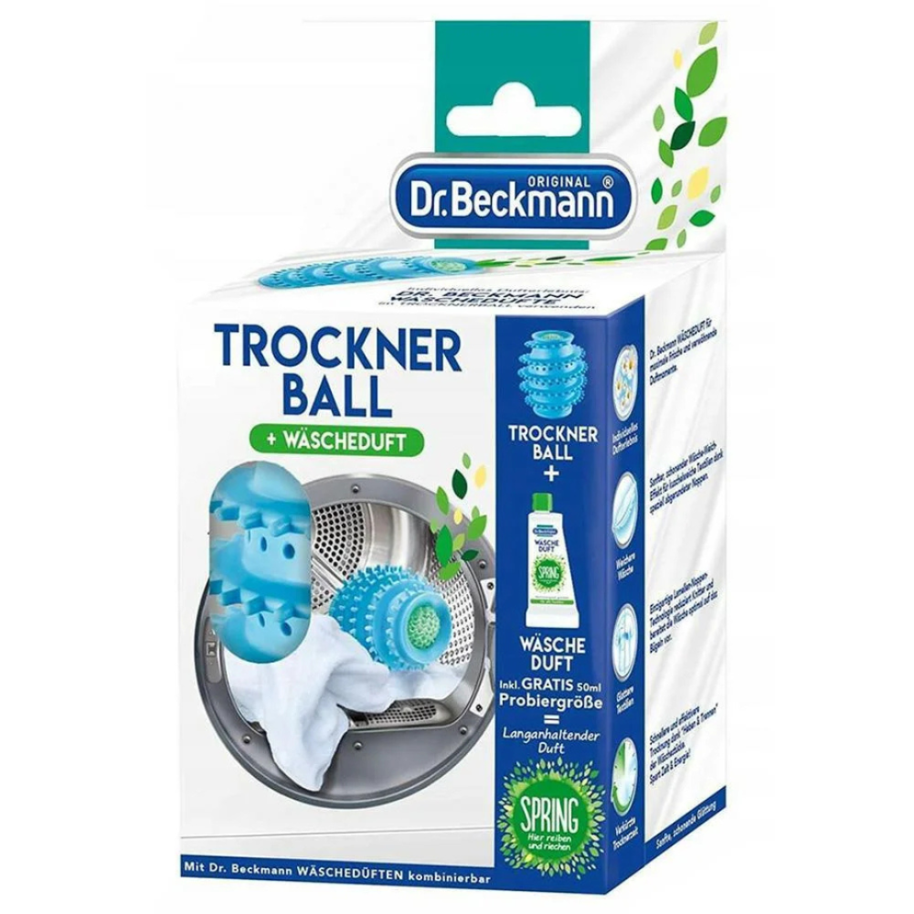 Kuivausrummun pallot ja huuhteluaine „Dryer Balls Dr. Beckmann”. Puhdistusaineet