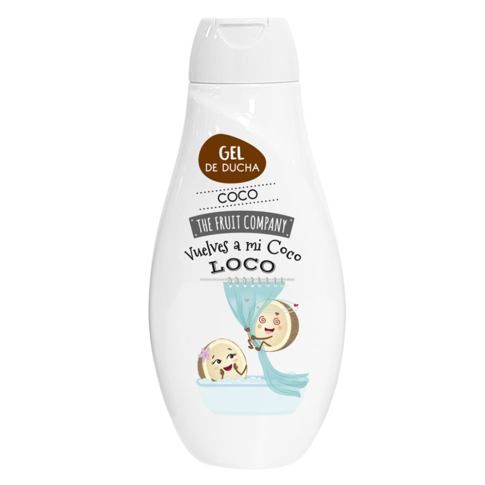Suihkugeeli „Shower Gel The Fruit Company Coco“. The fruit company -suihkugeeli kookoksen vivahteilla pakkauksessa