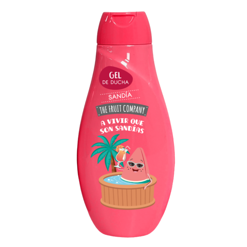 Suihkugeeli „Shower Gel The Fruit Company Sandias“. The fruit company -suihkugeelin ulkoasu karhunvatukan vivahteilla