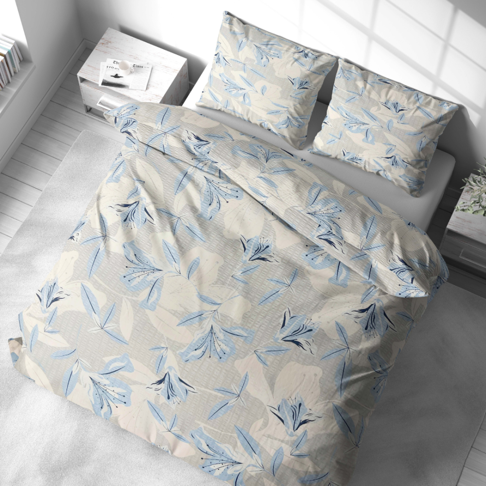 Pussilakanasetti „Ice Lily“. Puuvilla pussilakanasetti, 140x200 cm, 200x200 cm, 200x220 cm, 220x240 cm. Tyylikäs vuodevaatesetti kukilla, joka sopii täydellisesti mihin tahansa sisustukseen ja tarjoaa mukavuutta nukkuessa.