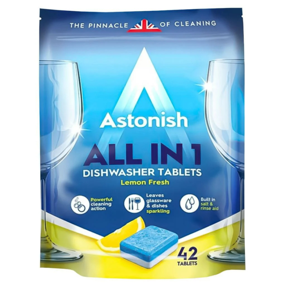 Astonish-tiskikoneen tabletit „Dishwasher tablets Astonish“. Puhdistusaineet
