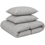 Pellava pussilakanasetti „Linen Grey Stripes“. Pussilakanasetti 150x210, 140x200 cm, 150x210 cm, 160x200 cm, 180x200 cm, 200x200 cm, 200x220 cm, 240x220 cm. Harmaanvalkoinen pussilakanasetti kapeilla pystysuuntaisilla raidoilla.