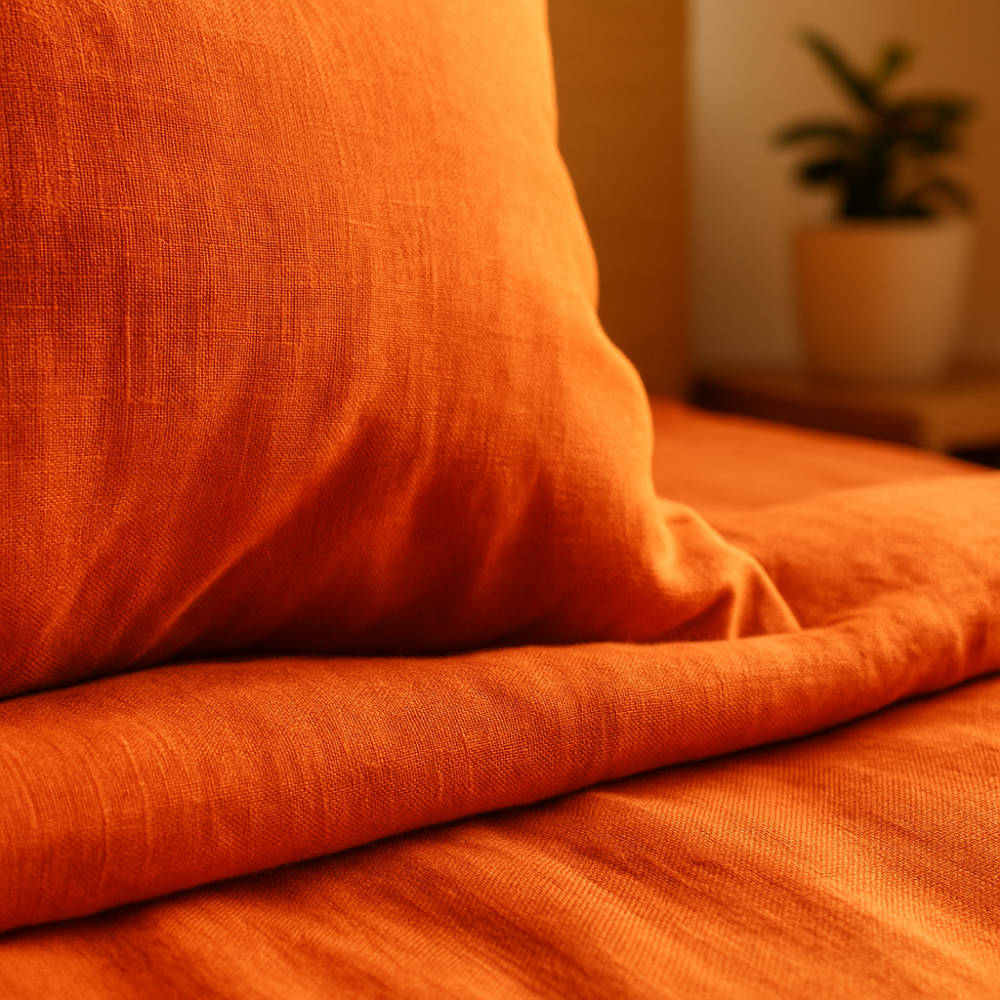 Pellava pussilakanasetti „Linen Orange“. Pellava pussilakanasetti, 140x200 cm, 200x200 cm, 200x220 cm, 220x240 cm. Hieno pellavarakenne kirkkaan oranssissa vuodevaatteessa.