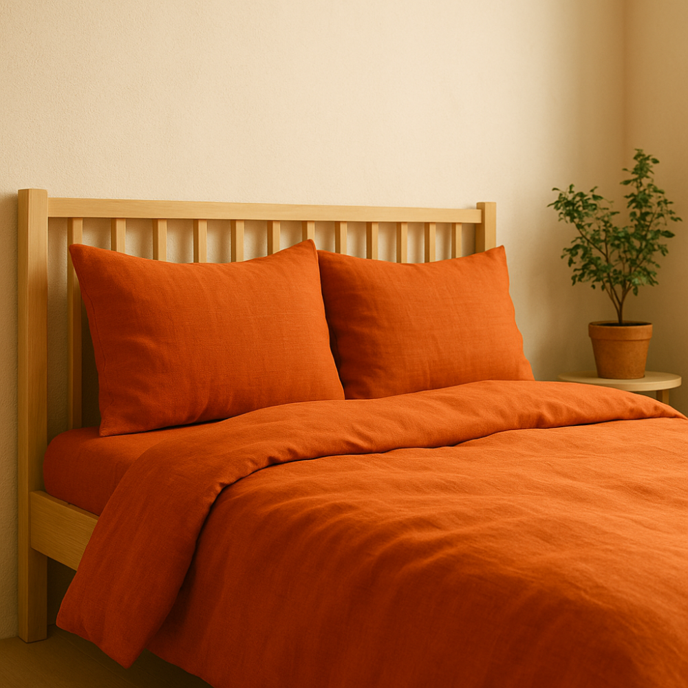 Pellava pussilakanasetti „Linen Orange“. Pellava pussilakanasetti, 140x200 cm, 200x200 cm, 200x220 cm, 220x240 cm. Matta viimeistely oranssissa pellavavuodevaatesetissä.