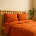 Pellava pussilakanasetti „Linen Orange“. Pellava pussilakanasetti, 140x200 cm, 200x200 cm, 200x220 cm, 220x240 cm. Matta viimeistely oranssissa pellavavuodevaatesetissä.