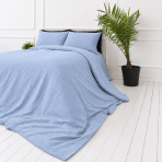 Musliini pussilakanasetti „Blue muslin“. Vuodevaatteet, 140x200 cm, 150x210 cm, 160x200 cm. Heleän taivaansininen pussilakana ja yhteensopivat tyynyliinat.