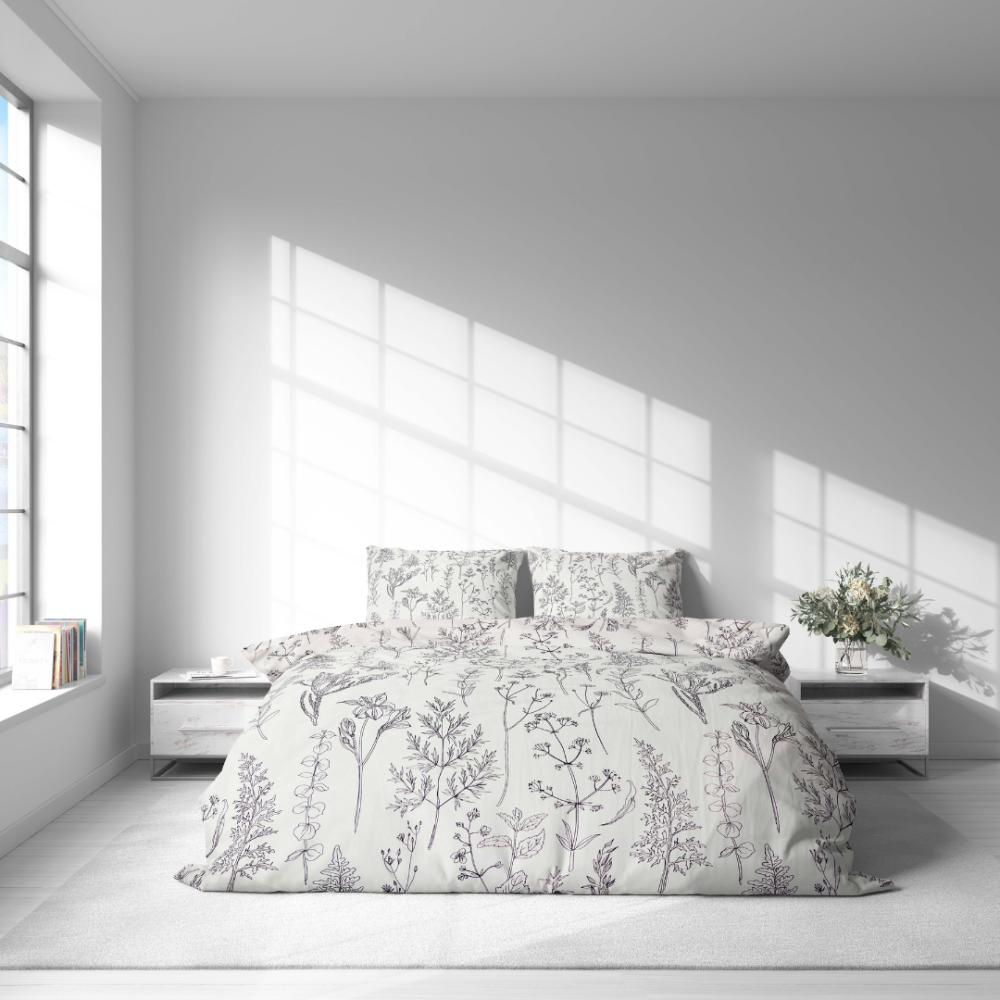 Pussilakanasetti „Alkali“. Kuvioitu pussilakanasetti, 140x200 cm, 200x200 cm, 200x220 cm. Peitto ja tyynyliinat minimalistisella botaanisella linjakuviolla tummanviolettina.