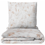 Pussilakanasetti „Aubrielle“. Kuvioitu pussilakanasetti, 140x200 cm, 150x210 cm, 160x200 cm, 180x200 cm, 200x200 cm, 200x220 cm, 240x210 cm. Vaalea vuodevaatesetti hennolla ruskealla kasviaiheella