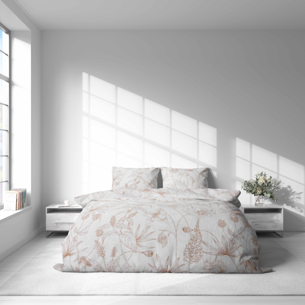 Pussilakanasetti „Aubrielle“. Kuvioitu pussilakanasetti, 140x200 cm, 150x210 cm, 160x200 cm, 180x200 cm, 200x200 cm, 200x220 cm, 240x210 cm. Hienovaraisen sävyinen vuodevaatesetti kasvikontuurikuviolla