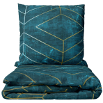 Pussilakanasetti „Tethrys“. Vihreä pussilakanasetti, 140x200 cm, 150x210 cm, 160x200 cm, 180x200 cm, 200x200 cm, 200x220 cm, 240x210 cm. Tummanvihreä pussilakanasetti kultaisilla ja valkoisilla viivoilla.