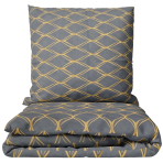 Pussilakanasetti „Cross“. Harmaa pussilakanasetti, 140x200 cm, 150x210 cm, 160x200 cm, 180x200 cm, 200x200 cm, 200x220 cm. Harmaan sävyinen vuodevaatesetti vaaleanruskeilla hiekanvärisillä ovaalikuvioilla luo modernin ja tyylikkään ilmeen mihin tahansa makuuhuoneeseen.