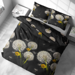 Pussilakanasetti „Dandelion Night“. Pussilakanasetti 140x200, 140x200 cm, 200x200 cm, 200x220 cm. Vuodevaatesetti, joka yhdistää voikukkien ja keltaisten kukkien motiivit mustan taustan kanssa.