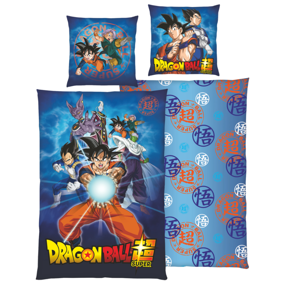 Pussilakanasetti „Dragon Ball Super“. Puuvilla pussilakanasetti, 135x200 cm. Sininen dragon ball super -vuodevaatedesign värikkäillä animehahmoilla ja näyttävällä logolla Pussilakanasetti „Dragon Ball Super“. Puuvilla pussilakanasetti, 135x200 cm. Sininen dragon ball super -vuodevaatedesign värikkäillä animehahmoilla ja näyttävällä logolla