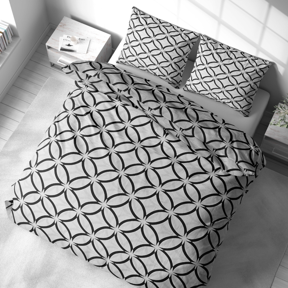 Pussilakanasetti „Grey Retro Rings“. Pussilakanasetti 200x220, 140x200 cm, 160x200 cm, 200x200 cm, 200x220 cm. Moderni mustavalkoinen design päällekkäisillä mustilla kaarilla valkoisessa vuodevaatteessa