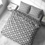 Pussilakanasetti „Grey Retro Rings“. Pussilakanasetti 200x220, 140x200 cm, 160x200 cm, 200x200 cm, 200x220 cm. Moderni mustavalkoinen design päällekkäisillä mustilla kaarilla valkoisessa vuodevaatteessa