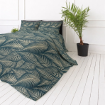 Pussilakanasetti „Infinite Calm“. Vihreä pussilakanasetti, 140x200 cm, 150x210 cm, 160x200 cm, 180x200 cm, 200x200 cm, 200x220 cm, 230x220 cm. Ylellinen tummanvihreä vuodevaatesetti hohtavilla lehtikuvioilla