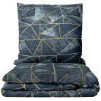 Pussilakanasetti „Isolde“. Kuvioitu pussilakanasetti, 140x200 cm, 150x210 cm, 160x200 cm, 180x200 cm, 200x200 cm, 200x220 cm, 230x220 cm. Tummansininen pussilakanasetti kultaisilla geometrisilla viivoilla