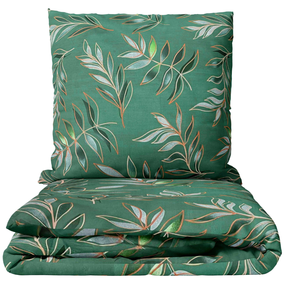Pussilakanasetti „Jade Leaves“. Puuvilla pussilakanasetti, 140x200 cm, 200x200 cm, 200x220 cm, 220x240 cm. Syvän vihreän vuodevaatekokonaisuuden koristavat tyylitellyt lehväkuviot kullanvärisinä ääriviivoina.
