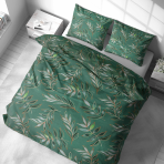 Pussilakanasetti „Jade Leaves“. Puuvilla pussilakanasetti, 140x200 cm, 200x200 cm, 200x220 cm, 220x240 cm. Erilaisten lehtikontuurien ja siluettien esitys kultaisissa ja kuparinvärisissä vedoissa tummanvihreällä pohjalla.