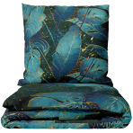 Pussilakanasetti „Luminare“. Vihreä pussilakanasetti, 140x200 cm, 150x210 cm, 160x200 cm, 180x200 cm, 200x200 cm, 200x220 cm, 230x220 cm. Tummanvihreä pussilakanasetti trooppisella lehtikuviolla.