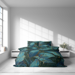 Pussilakanasetti „Luminare“. Vihreä pussilakanasetti, 140x200 cm, 150x210 cm, 160x200 cm, 180x200 cm, 200x200 cm, 200x220 cm, 230x220 cm. Vihertävän sininen pussilakanasetti kultaisilla yksityiskohdilla.