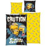 Pussilakanasetti „Minions“. Puuvilla pussilakanasetti, 135x200 cm. Keltainen minions-vuodevaatedesign pienillä minion-silmäkuvioilla