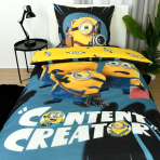 Pussilakanasetti „Minions“. Puuvilla pussilakanasetti, 135x200 cm. Mustansininen minions-design keltaisilla minion-hahmoilla