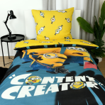 Pussilakanasetti „Minions“. Puuvilla pussilakanasetti, 135x200 cm. Keltainen vuodevaatekuosi toistuvilla minion-silmäkuvioilla