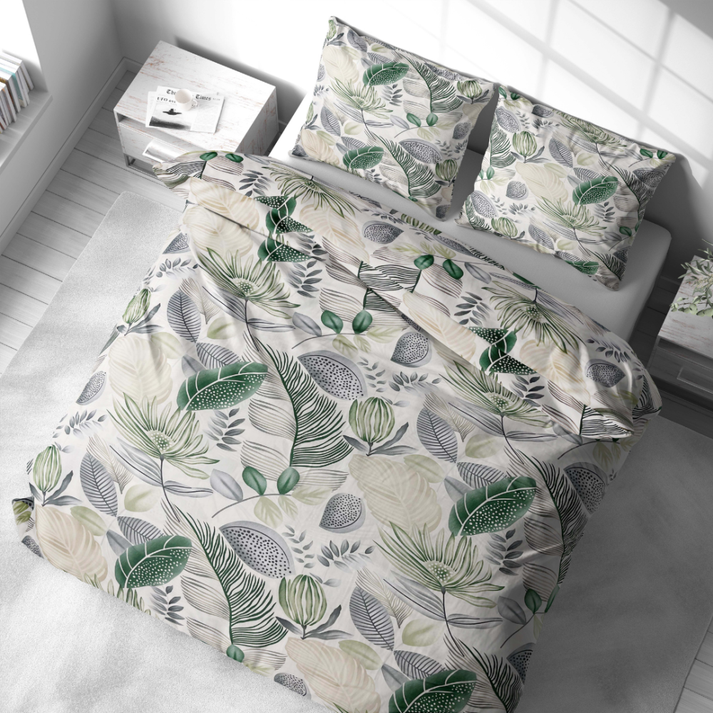 Pussilakanasetti „Natural Emporium“. Pussilakanasetti 140x200, 140x200 cm, 200x200 cm, 200x220 cm. Rauhallinen vuodevaatesetti kasvimotifeilla, täydellinen valinta luonnon ystäville.