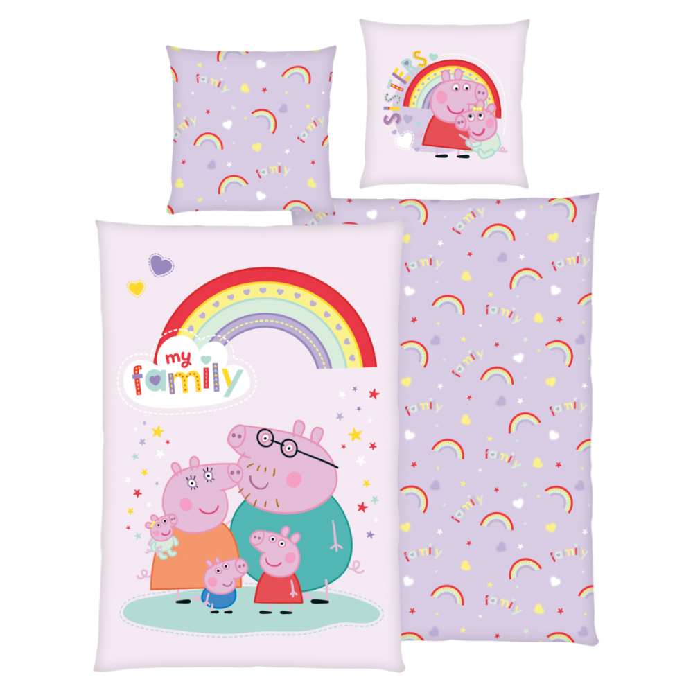 Pussilakanasetti „Peppa Pig“. Lasten pussilakanasetti, 135x200 cm. Vaaleanvioletti pussilakanasetti, jossa peppa pig -perhe ja sateenkaari. Pussilakanasetti „Peppa Pig“. Lasten pussilakanasetti, 135x200 cm. Vaaleanvioletti pussilakanasetti, jossa peppa pig -perhe ja sateenkaari.