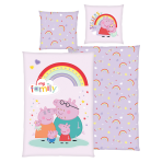 Pussilakanasetti „Peppa Pig“. Lasten pussilakanasetti, 135x200 cm. Vaaleanvioletti pussilakanasetti, jossa peppa pig -perhe ja sateenkaari. Pussilakanasetti „Peppa Pig“. Lasten pussilakanasetti, 135x200 cm. Vaaleanvioletti pussilakanasetti, jossa peppa pig -perhe ja sateenkaari.