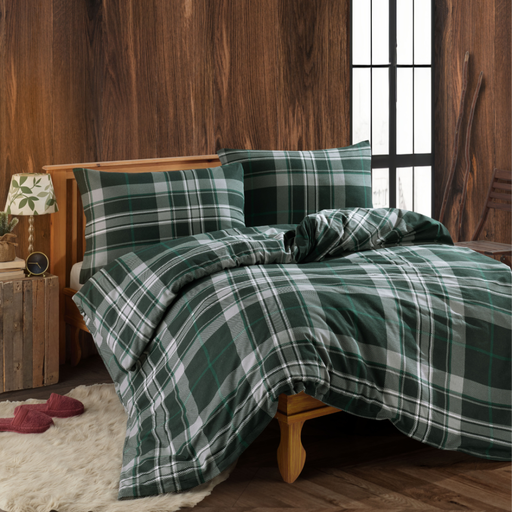 Pussilakanasetti „Plaid Green Flannel“. Puuvilla pussilakanasetti, 200x200 cm, 200x220 cm