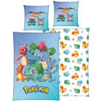 Pussilakanasetti „Pokemon“. Lasten pussilakanasetti, 135x200 cm. Vaaleansininen pokémon-pussilakanasetti värikkäillä bulbasaur-, charmander- ja squirtle-hahmoilla.