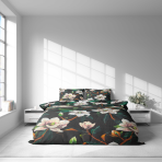 Pussilakanasetti „Soft Magnolia“. Puuvilla pussilakanasetti, 140x200 cm, 200x200 cm, 200x220 cm, 220x240 cm. Moderni ja tyylikäs vuodevaatesetti valkoisilla magnolian kukilla.