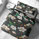 Pussilakanasetti „Soft Magnolia“. Puuvilla pussilakanasetti, 140x200 cm, 200x200 cm, 200x220 cm, 220x240 cm. Vuodevaatesetti värikkäillä kukilla ja tummalla taustalla, joka tuo eleganssia.
