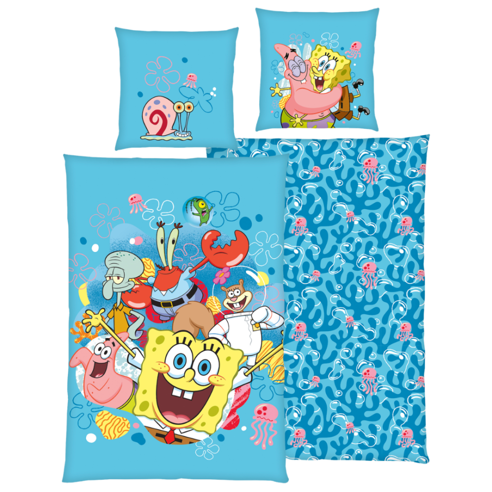 Pussilakanasetti „SpongeBob SquarePants“. Puuvilla pussilakanasetti, 135x200 cm. Vaaleansininen pussilakanasetti, jossa on paavo pesusieni, patrik ja muita värikkäitä hahmoja. Pussilakanasetti „SpongeBob SquarePants“. Puuvilla pussilakanasetti, 135x200 cm. Vaaleansininen pussilakanasetti, jossa on paavo pesusieni, patrik ja muita värikkäitä hahmoja.