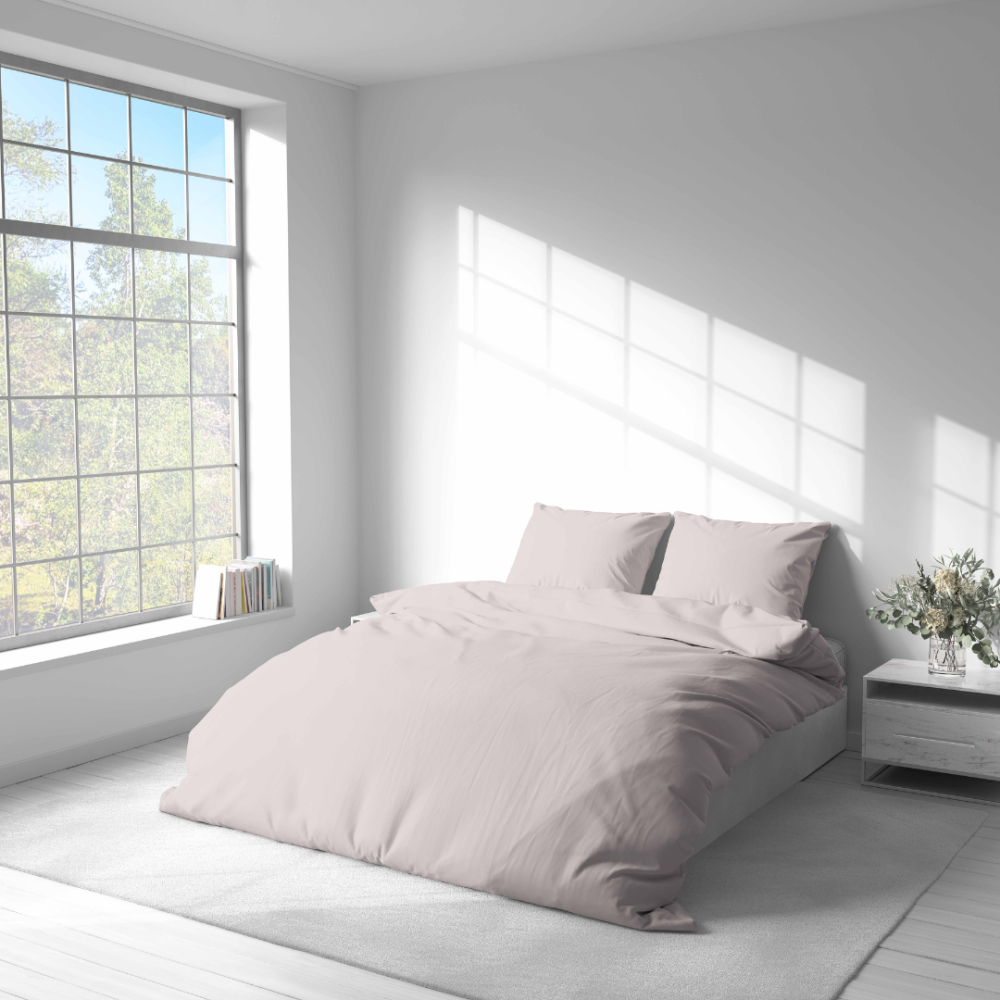 Percale pussilakanasetti „Shell Percale“. Yksivärinen pussilakana, 140x200 cm, 150x210 cm, 160x200 cm, 180x200 cm, 200x200 cm, 200x220 cm, 230x220 cm. Pastellisen vaaleanpunainen minimalistinen vuodevaatesetti.