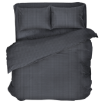 Premium satiinipussilakanasetti „Graphite Stripe Satin“. Satiinipussilakanasetti, 140x200 cm, 200x200 cm. Tummanharmaa vuodevaatesetti hienovaraisilla pystysuorilla raidoilla ja satiinimaisella kiillolla.