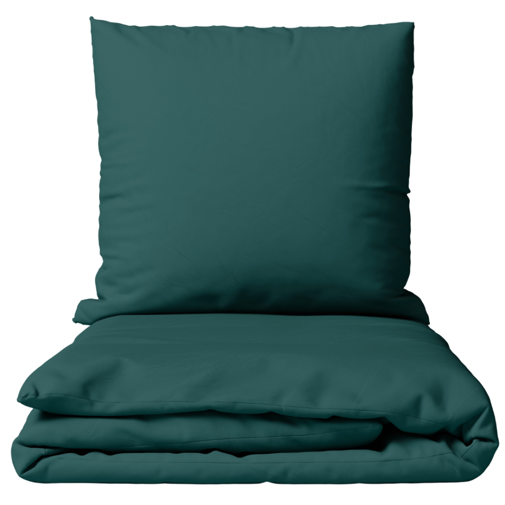 Premium satiinipussilakanasetti „Green Satin“. Satiinipussilakanasetti, 140x200 cm, 200x200 cm, 200x220 cm. Tummanvihreä peite- ja tyynyliinasetti ilman kuvioita.