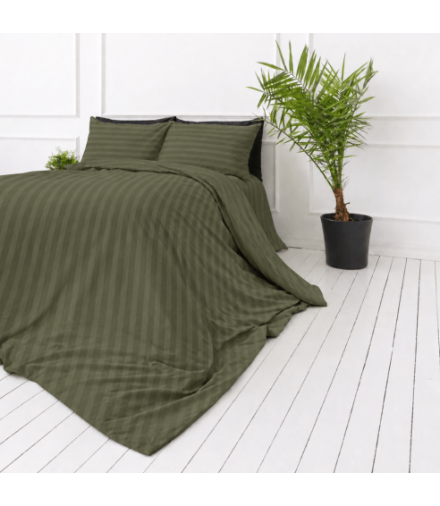 Premium satiinipussilakanasetti „Moss Green Stripe Sateen“. Satiinipussilakanasetti