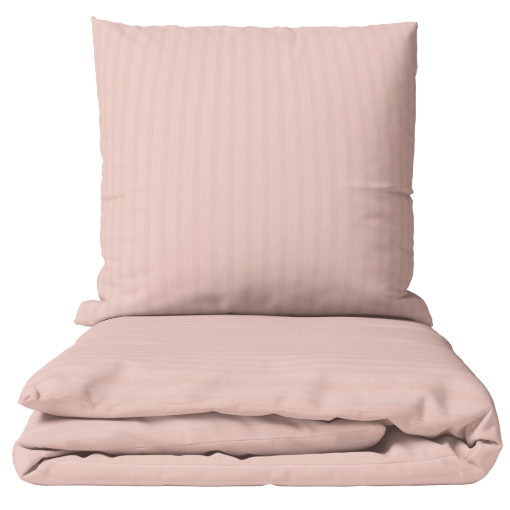 Premium satiinipussilakanasetti „Peachy Stripe Satin“. Satiinipussilakanasetti, 140x200 cm, 200x200 cm. Persikanvärinen vuodevaatesetti hienoilla pystyriimuilla.