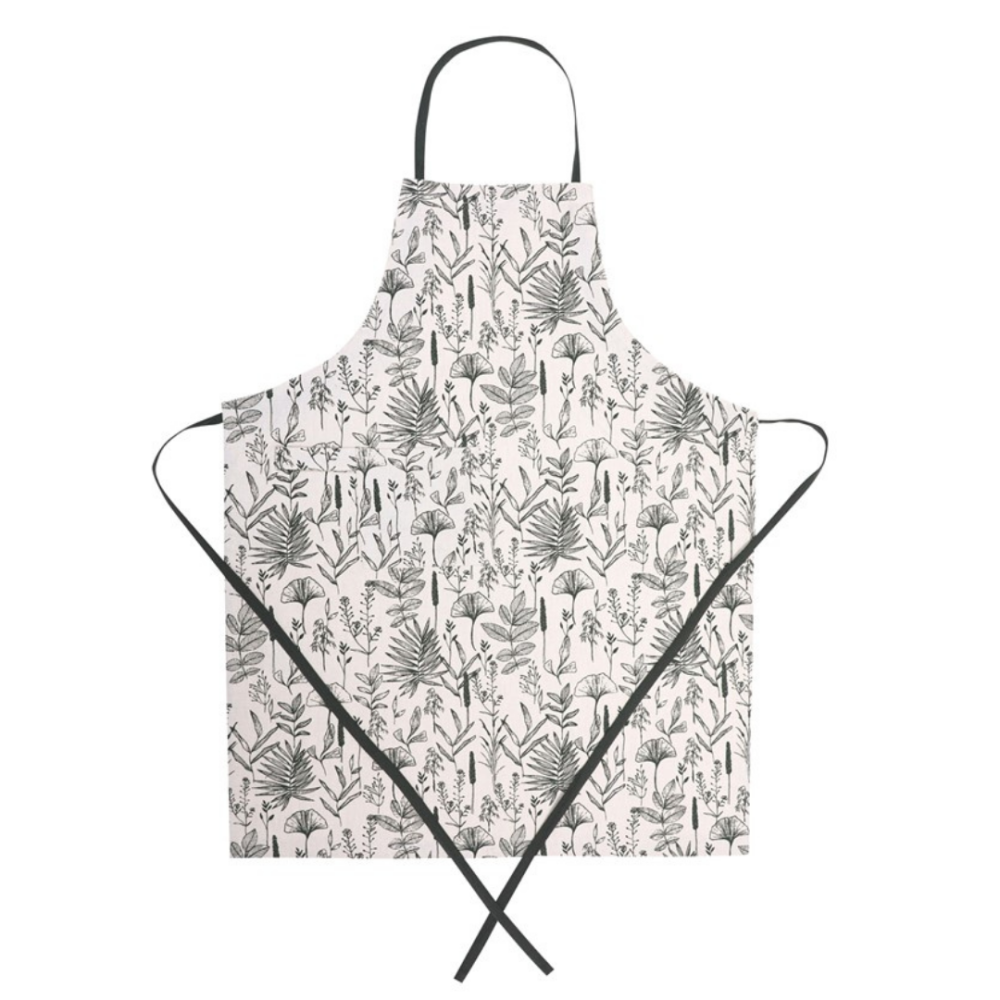 Esiliina „Ralph apron“. Esiliinat. Vaalea esiliina harmaanvihreällä kasviaiheisella kuviolla Esiliina „Ralph apron“. Esiliinat. Vaalea esiliina harmaanvihreällä kasviaiheisella kuviolla