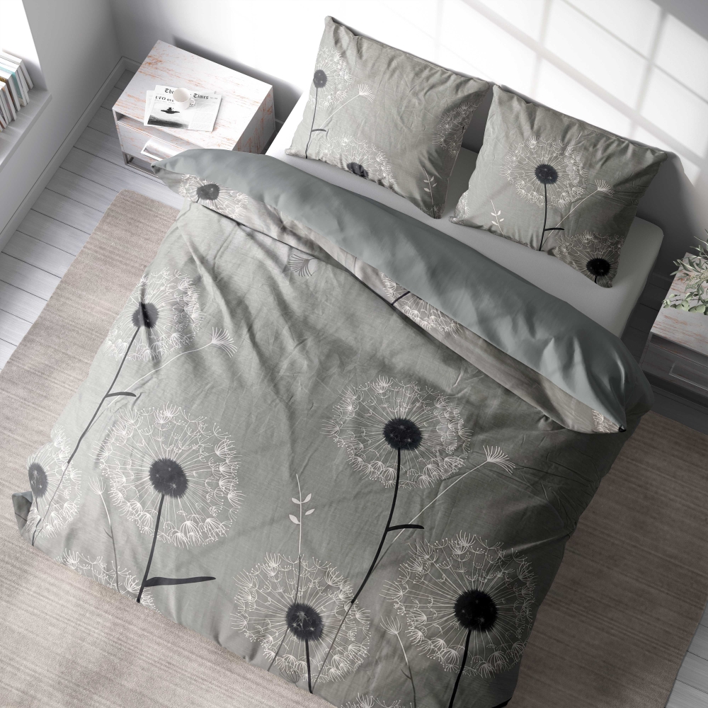 Satiini tyynynpäällinen „Final Bloom“. Koristeellinen harmaa päällinen valkoisilla voikukilla.