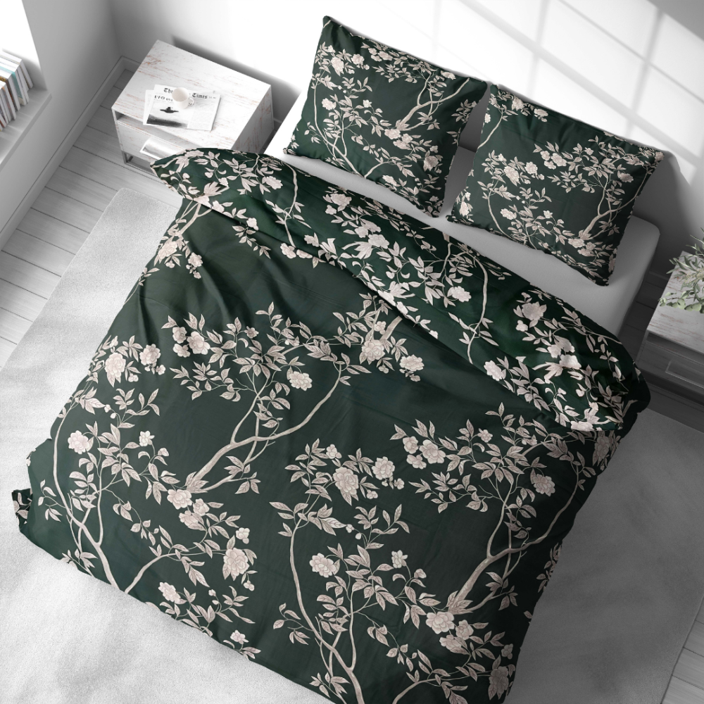 Satiinipussilakanasetti „Blooming Forest“. Satiinipussilakanasetti, 140x200 cm, 200x200 cm, 200x220 cm