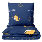 Premium satiinipussilakanasetti „Gold Fish“. Kuvioitu pussilakanasetti, 140x200 cm. Tummansininen vuodevaatesetti keltaisilla valaskuvioilla ja valkoisilla koristeellisilla yksityiskohdilla.