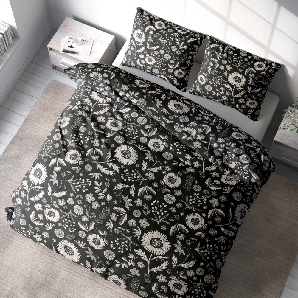 Premium satiinipussilakanasetti „Night Flowers“. Satiinipussilakanasetti, 140x200 cm, 200x200 cm, 200x220 cm